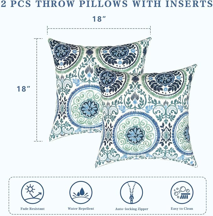 LVTXIII 2 Pack Outdoor Pillows 18x18 Inch, Square Throw Pillows with Inserts, Decorative Water-Repellent Pillow Cushions for Patio Furniture and Garden Sofa, Coastal Medallion