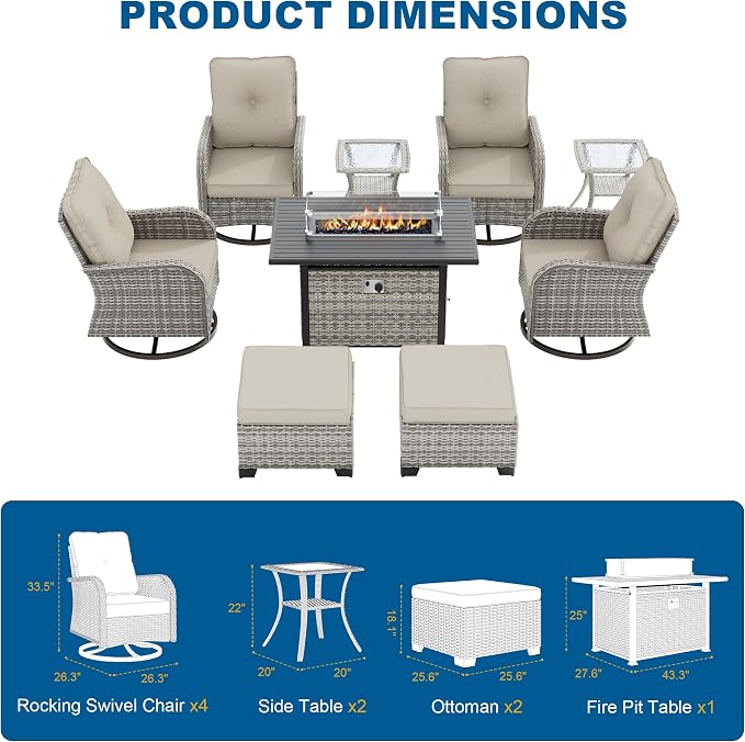 9-Piece Small Patio Furniture Set, Outdoor Swivel Rocking Chairs Set with 55,000 BTU Fire Pit Table Wicker Chairs and Ottomans, Patio Bistro Set for Balcony, Deck, Porch, Ivory