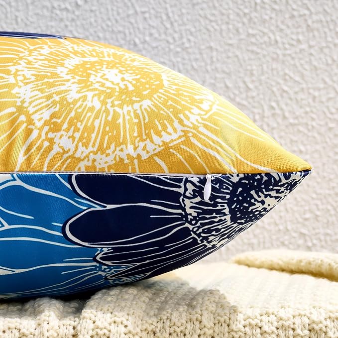 Outdoor Pillow Covers Summer Waterproof Sunflower Throw Pillow Covers 20x20 Decorative Blue Yellow Floral Cushion Covers Square Garden Throw Pillowcase Set of 2 for Patio Furniture Tent Balcony Bench