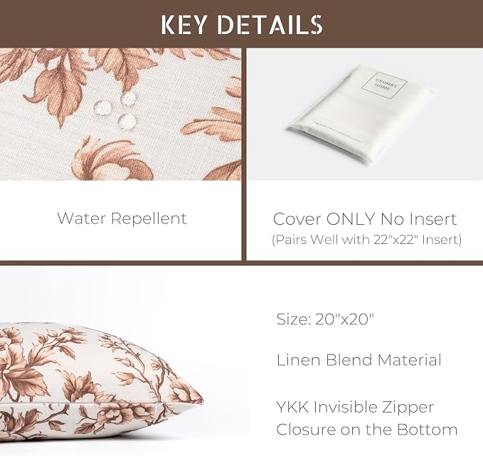 Modern Farmhouse California Casual Indoor Outdoor Throw Pillow Cover, 20"x20" Water Repellent for Patio, Backyard, Couch, Poolside, Cocoa Brown Print Vintage Chinoiserie Floral