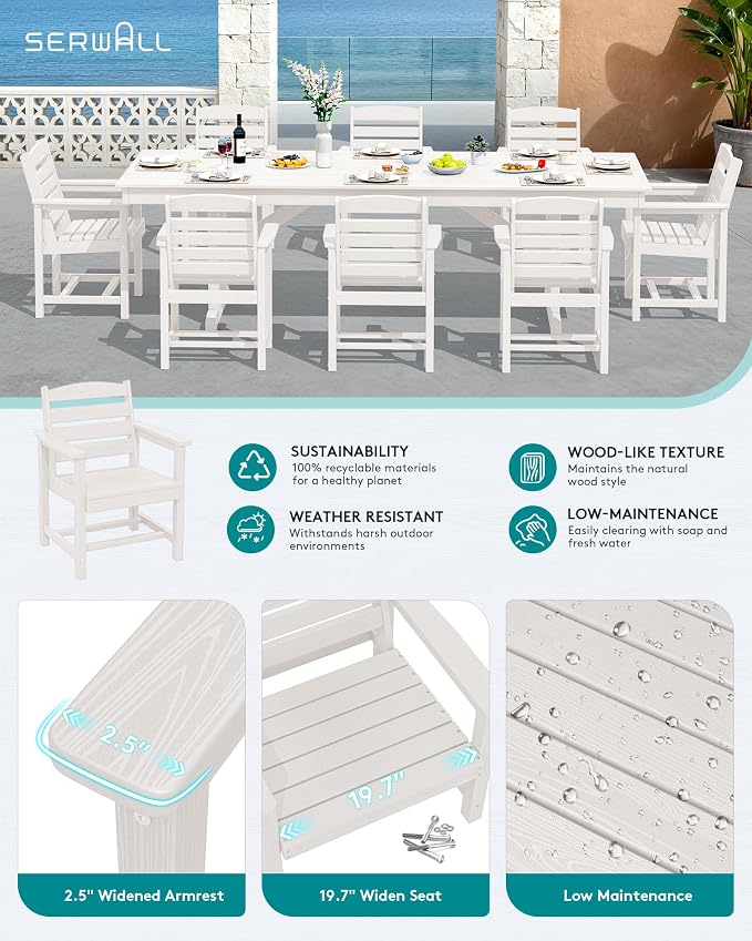 SERWALL Outdoor Dining Chairs Set of 2, All-Weather HDPE Patio Chair with 19.7" Widened Seat, for Backyard, Garden, White