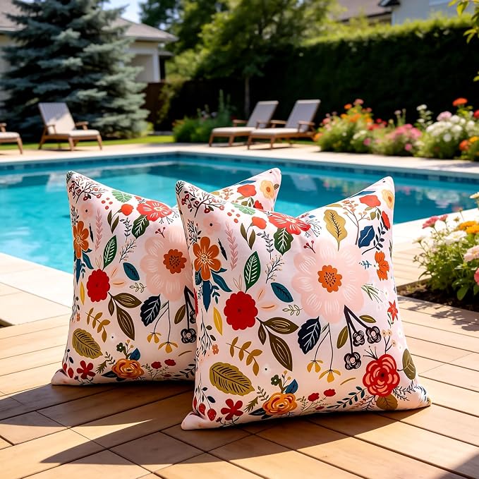 Outdoor Pillow Covers Waterproof Decorative Pink Pillow Covers Summer Floral Accent Square Couch Covers Garden Farmhouse Throw Cushion Cases 20x20 Inch Set of 2 for Patio Tent Balcony Bench Sofa