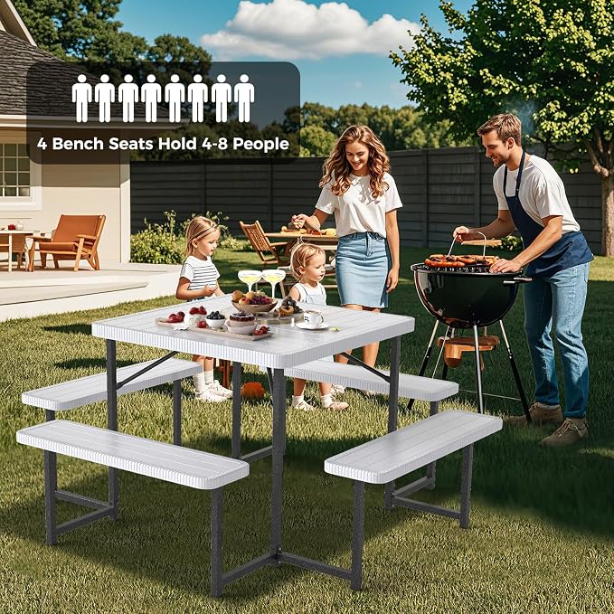 Byroce Outdoor Picnic Table for 4-8 Person, HDPE Picnic Camping Table Set with 4 Benches, Umbrella Hole & Metal Frame, Heavy Duty Square Dining Table Chairs for BBQ in Patio, Yard & Poolside (White)