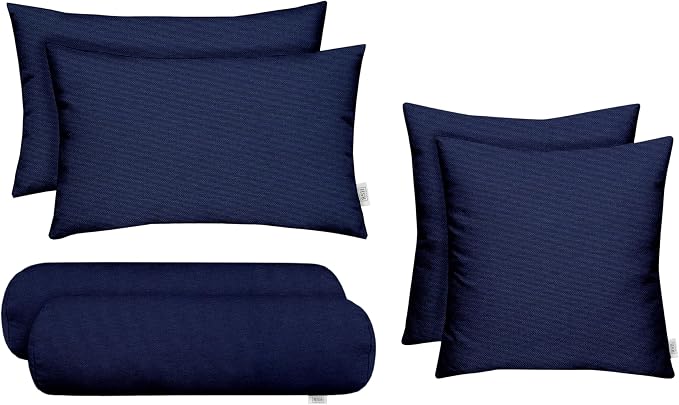 RSH DECOR Set of 6 Outdoor Pillow, Outdoor Pillows for Patio, Pillows w/Polyester Pillow Cases | Water & Fade Resistant Fabric | 17" Square, 20x12 Lumbar, 20x6 Neck Roll - Navy Blue