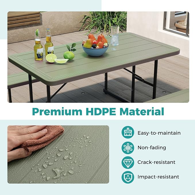 Giantex Picnic Table Bench Set for 4 People, 4.5FT Outdoor Rectangular Dining Table & 2 Benches w/Umbrella Hole, HDPE Tabletop, Metal Frame, Patio Garden Backyard Poolside, Green