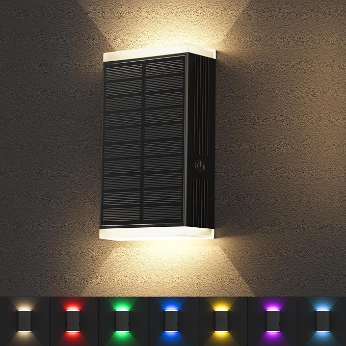 Solar Wall Light Outdoor , RGB & Warm White 8 Modes Dusk to Dawn Lighting Wall Sconce IP67 Waterproof Up and Down Solar Lights Outdoor Front Door Light for House, Garage, Porch, Doorway,Fence (1PACK)