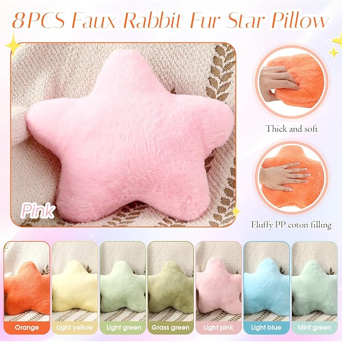 Beeveer 8 Pack Star Shaped Throw Pillow Back to School Gifts Decorations Mix Star Plush for Bed Sofa Cute Throw Pillow Plush for Floor Room Sleepover Bedroom Living Room(Classic)
