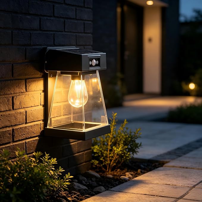 Outdoor Solar Motion Sensor Light, IP65 Waterproof Wall Lights with Remote | Dusk to Dawn Hanging Porch Lights with 3 Lighting Modes & Indicator, Colorful LED Solar Fence Lights for Home Garden Door
