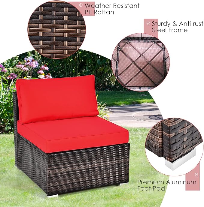 HAPPYGRILL 6 Pieces Outdoor Patio Furniture Set, PE Rattan Conversation Set with Tempered Glass Coffee Table and Cozy Cushions, Weather Resistant Sectional Sofa Set, Red
