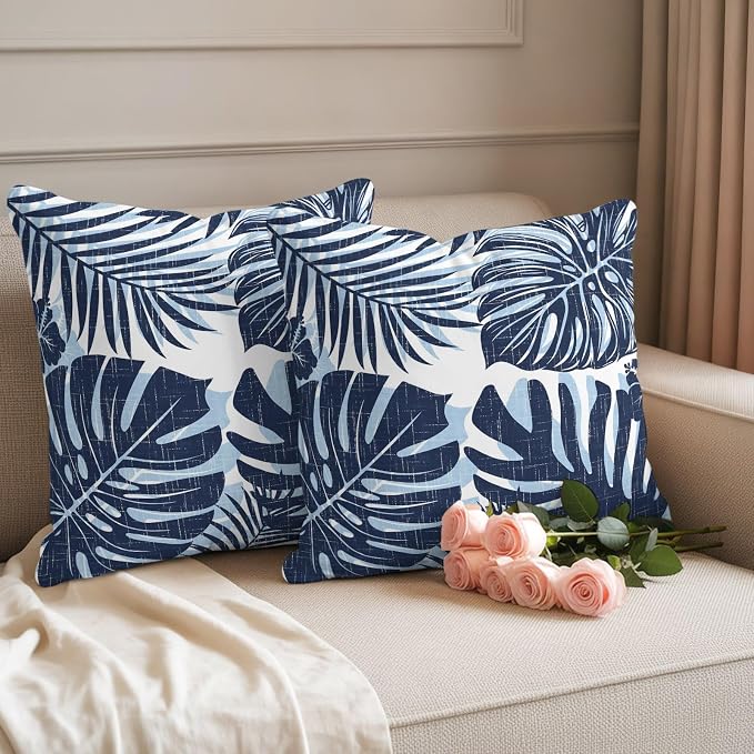 Navy Blue Palm Leaves Outdoor Pillow Covers 20"x20" Set of 2, Tropical Botanical Minimalist Modern Waterproof Throw Pillow Covers for Patio Furniture, Decorative Cushion Covers for Porch