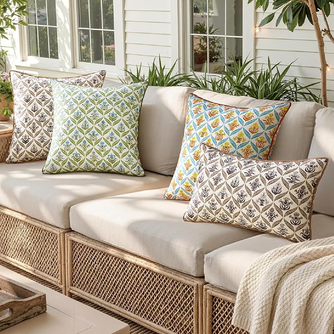 ANRODUO Floral Outdoor Waterproof Pillow Covers Set of 2 Brown 12x20 Inch | Lumbar Block Print Decorative Cushion Cases With Refined Edge Piping for Summer Patio Porch Garden Couch Sofa Bench Decor