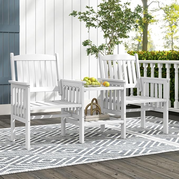 Tangkula Outdoor Wood Loveseat with 2-Tier Side Table and Umbrella Hole, 2-Seater Patio Garden Bench with Armrests and Slatted Seats, Outdoor Table and Chairs Set for Porch and Balcony