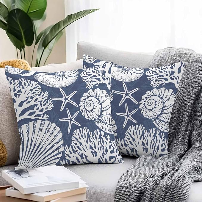 Outdoor Pillow Covers 16x16 Inch Set of 2, Navy Blue Starfish Coastal Waterproof Throw Pillow Covers, Summer Coral Shell Beach Nautical Decorative Cushion Pillowcases for Couch Sofa Bed Garden Patio