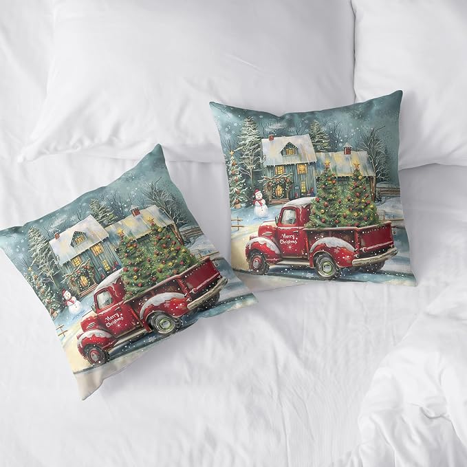 Christmas Red Truck Pillow Covers 16x16 Set of 2 Xmas Tree Cabin Snowman Pillow Case Merry Christmas Cushion Case for Winter Holiday Decorations Couch Bedroom