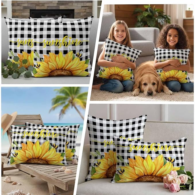 Farm Outdoor Pillow Covers Set of 2,Watercolor Sunflowers Honeybee Decorative Waterproof Throw Pillowcase Yellow Flower Black White Plaid Cotton Linen Soft Cozy Cushion Cover Pillowsham 18x18In