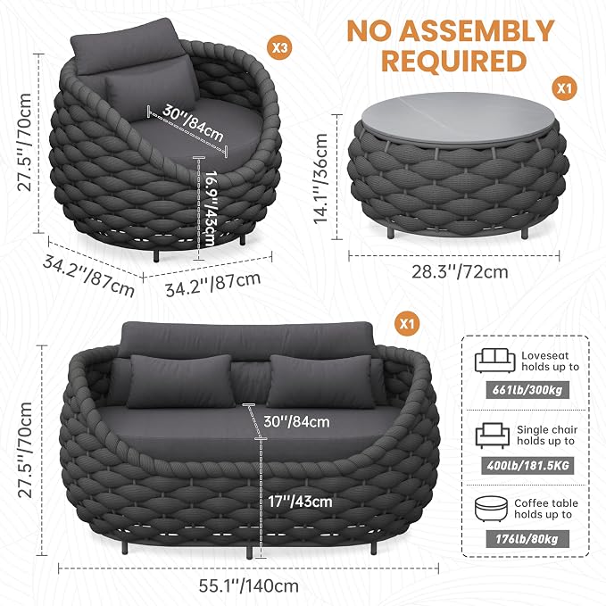 Aluminum Outdoor Seating Set: 5 Pieces Woven Rope Patio Furniture Conversation Set - Modern Deck Loveseat Set Cushioned - Assembled Metal Porch Lounge Set for Yard Garden Lanai Hotel, Dark Grey