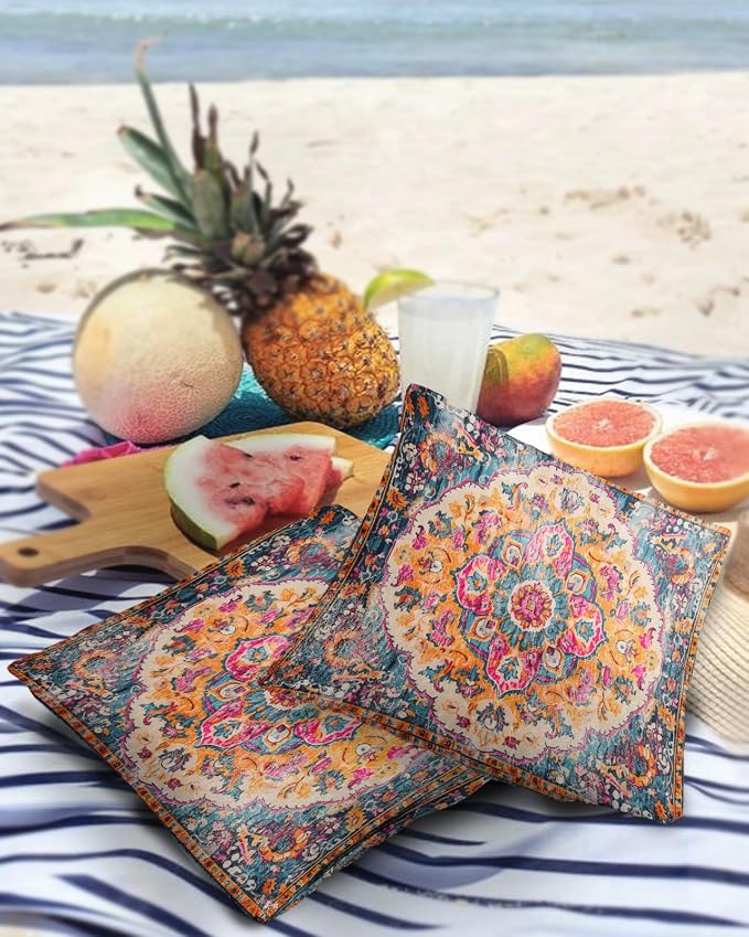 Prime Leader Outdoor Waterproof Pillow Covers Set of 2, Geometric Abstract Carpet Flowers Pattern Pink Patio Throw Pillow Covers, Decorative Cushion Case for Couch Sofa Furniture Garden, 20x20 Inch