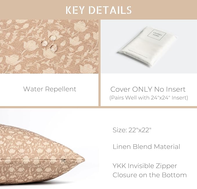 Modern Farmhouse California Casual Indoor Outdoor Throw Pillow Cover, 22"x22" Water Repellent for Patio, Backyard, Couch, Poolside, Ivory Cream Tan Print Botanical Flowers and Leaves