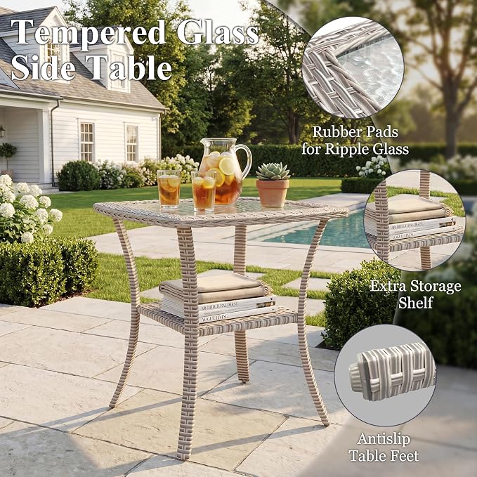Patio Furniture Set, 10-Piece Outdoor Sectional Sofa with Swivel Rocker Chairs & 2-Layer Glass Coffee Table, Wicker Patio Conversation Set with Khaki Cushions
