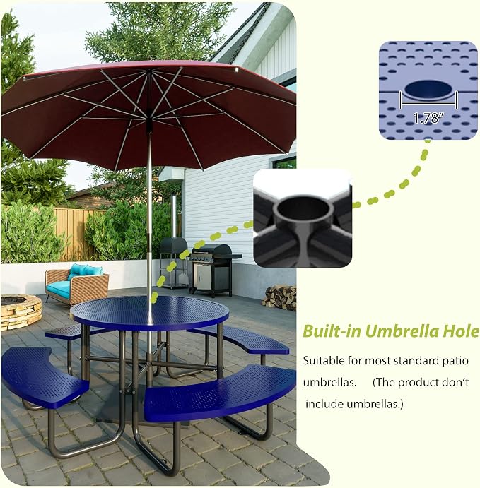 46 Inch Round Metal Picnic Table with 1.78" Umbrella Hole, All Weather Rust-Proof Metal Frame, Mesh Tabletop, Seats Up to 8 People, Easy Assembly for Patio, Backyard, Camping & BBQ, Blue