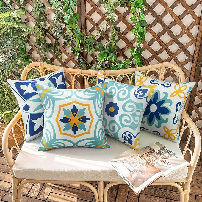 Pyonic Outdoor Waterproof Throw Pillow Covers Set of 4 Floral Printed and Boho Farmhouse Outdoor Pillow Covers for Patio Funiture Garden 20x20 Inch Blue