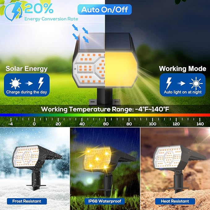 NYMPHY Solar Lights Outdoor Waterproof IP68, 56 LED 3 Lighting Modes Solar Powered Garden Yard Spot Solar Lights for Outside Landscape- 4 Pack (Warm White) | 56 LED 3 Lighting Modes IP68 Waterproof Solar Powered Garden Yard Spot Solar Lights for Outsid...