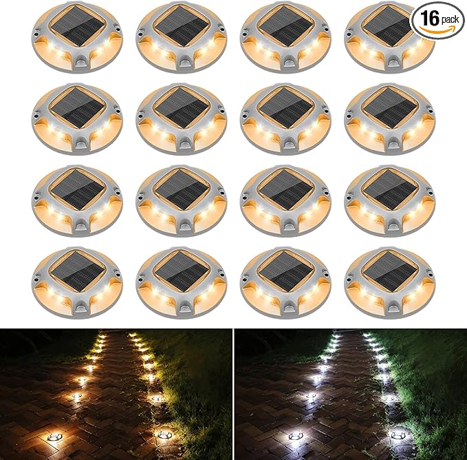 VOLISUN Solar Driveway Marker Lights Dock Marine Led Deck Outdoor 16 Pack | 2 Colors in 1,Solar Powered Waterproof Warning Step Lights for Pathway Garden Sidewalk(White/Warm White)