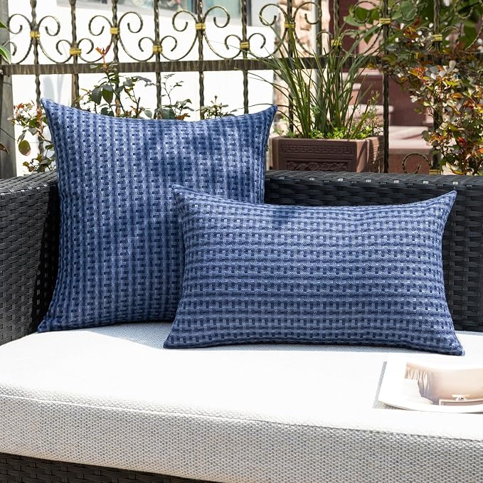 Kevin Textile Outdoor Waterproof 12"x24" Pillow Covers 2 Pack, Navy Blue | Water Resistant Weaving Faux Linen Texture Throw Pillow Covers, Outside Decorative Pillowcases for Garden Patio Balcony Couch
