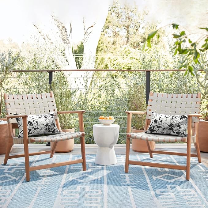 LVTXIII 2 Pack Outdoor Lumbar Pillows 12x20 Inch with White Piping, Fade Resistant Support Throw Pillows with Inserts for Patio Furniture, Sofa, Chair, Noir Floral