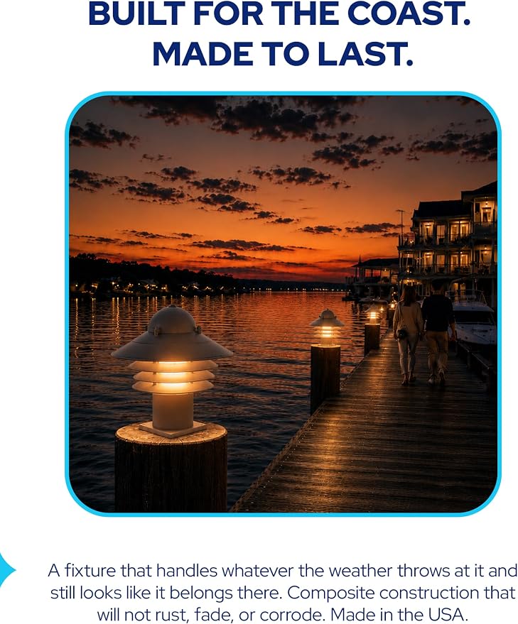 Nautical Pier Mount Outdoor Lighting - Salt-Air Tough Rust-Proof Non-Metallic Coastal Lamps - UL Listed Dock Lights - Patio Fence Deck Porch Lights Outdoor - USA Made, Short, Basic, White
