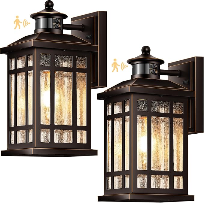 Adjustable Sensitivity Motion Sensor Outdoor Lights, 2 Packs Oil Rubbed Bronze Exterior Lighting Fixtures with Gold Trim, ORB Outdoor Garage Lights Wall Mount for House, Garage, Doorway, Coach