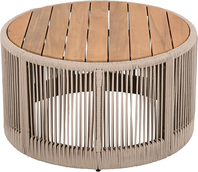 Christopher Knight Home Peyz Acacia Wood Outdoor Side Table Set of 2 with Woven Rope Design, Patio Round Coffee Table Set with Small Side Desk, Functionality Stylish 2 Tables for Garden, Teak + Beige
