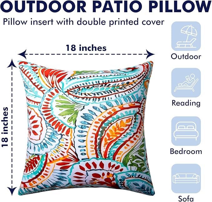 2 Pack Waterproof Outdoor Pillows, 18x18 Outdoor Throw Pillows | Patio Furniture Pillows, Fluffy Decorative Pillows, Waterproof &Fade Resistant, Removable & Washable, Paisley Multi Blue