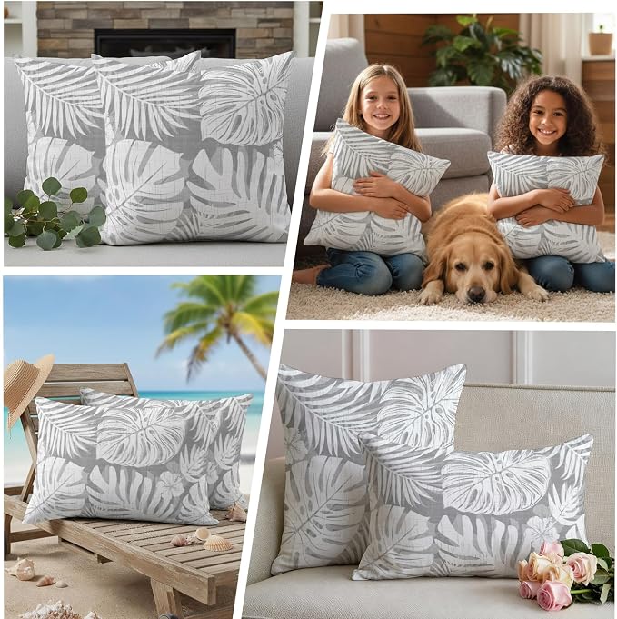 Light Grey Palm Leaves Outdoor Pillow Covers 26"x26" Set of 2, Tropical Botanical Modern Minimalist Waterproof Throw Pillow Covers for Patio Furniture, Decorative Cushion Covers for Porch