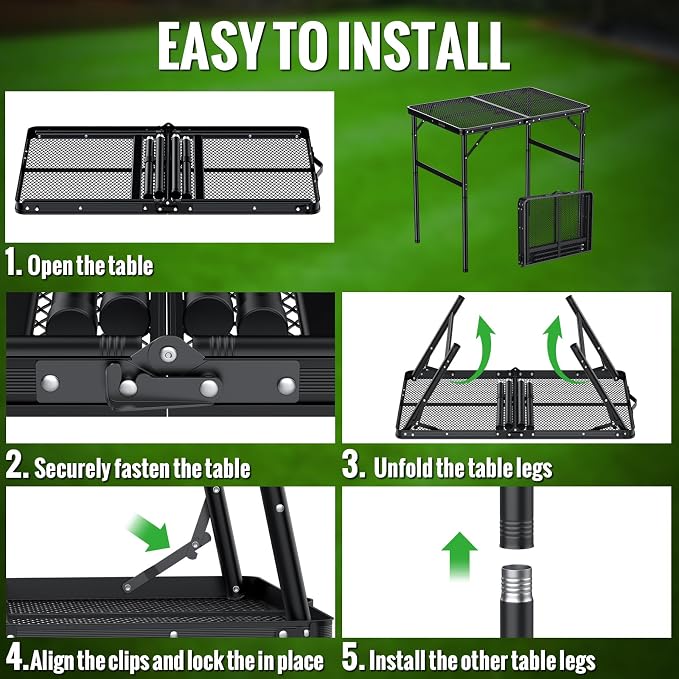 GARLLEN Folding Grill Table, 2-Height Adjustable Folding Camping Table with Heat-Resistant Wider Tabletop, Portable Aluminum Outdoor Tables for BBQ, Camping, Picnic, 35" L x 21.65" W, Black