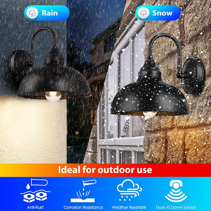 Barn Light Gooseneck Light- Dusk to Dawn Farmhouse Outdoor Lighting, 1-Light Outdoor Gooseneck Lighting with Sensor Farmhouse Wall Sconce for Patio Porch Garage (11.8" Diameter, 1pc) | Black, 1-Light Outdoor Gooseneck Lighting, With Sensor, Farmhouse W...