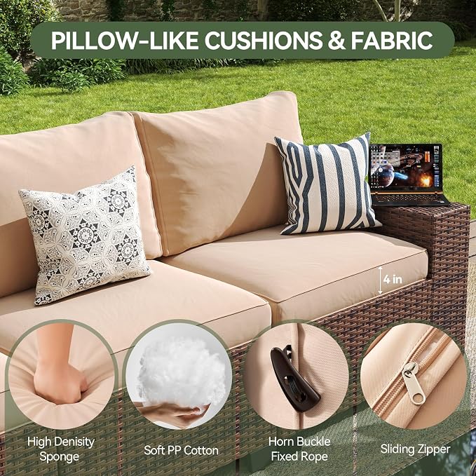 Aoxun Patio Fruniture Sets, Wicker Outdoor Patio Furniture Set with 4 in Thick Cushions and Widen Armrests, All-Weather Outdoor Sectional for Backyard, Garden and Poolside, Beige
