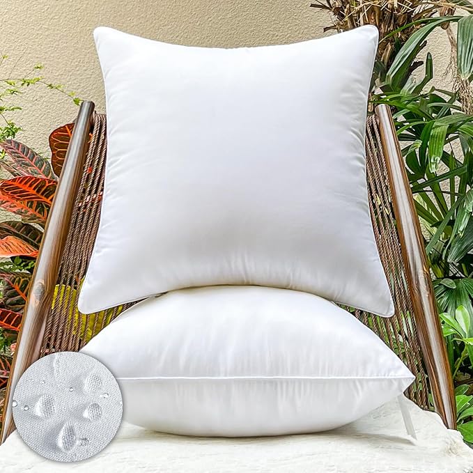 22x22 Waterproof Outdoor Square Pillow Inserts, 2 Pack | Hypoallergenic & machine washable. Soft yet supportive, stays plump. Waterproof protection for patio, sofa, bed, garden.