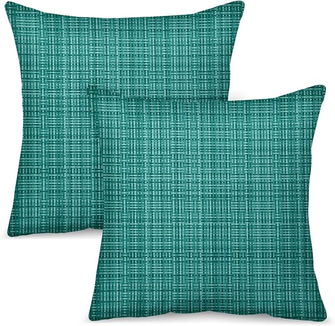 M METERXITY 2-Pack Outdoor Waterproof Throw Pillow Cover, 16x16 Inch Linen Weaving Texture Decorative Cushion Cover for Patio/Balcony/Garden, Water Resistant Pillow Case [Teal]