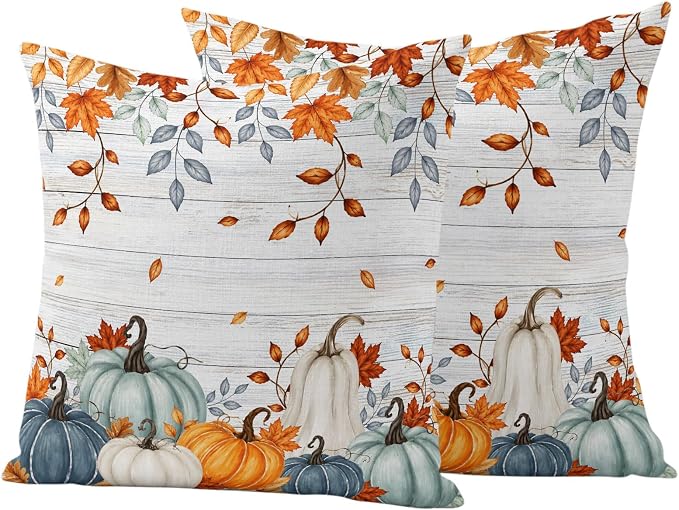 Fall Waterproof Outdoor Pillow Covers 24''x24'' Set of 2, Thanksgiving Maple Leaf Branch Vintage Wooden Patio Cushion Covers for Chairs,Decorative Blue Green Pumpkin Pillow Cases for Garden/Pool/Beach