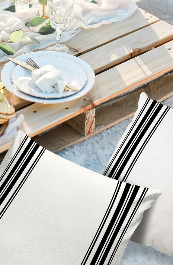 Outdoor Waterproof Pillow Covers for Patio Furniture Black Ticking Vertically Stripe Decorative Throw Pillow Cover Simple Style White Pillowcases Set of 2 Cushion Case for Sofa Couch Chair 24x24 In