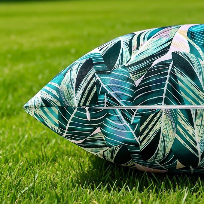 Summer Outdoor Pillow Covers Waterproof Decorative Throw Pillow Covers Green Tropical Leaves Couch Covers 16x16 Set of 2 Square Outdoor Cushion Cases for Patio Furniture Garden Tent Balcony Bench