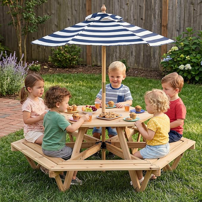 HONEY JOY Kids Picnic Table, Hexagonal Toddler Outdoor Table and Chair Set, 6 Built-in Benches, Removable Umbrella, Fir Wood Children Backyard Furniture for Patio Garden Deck Poolside, Natural