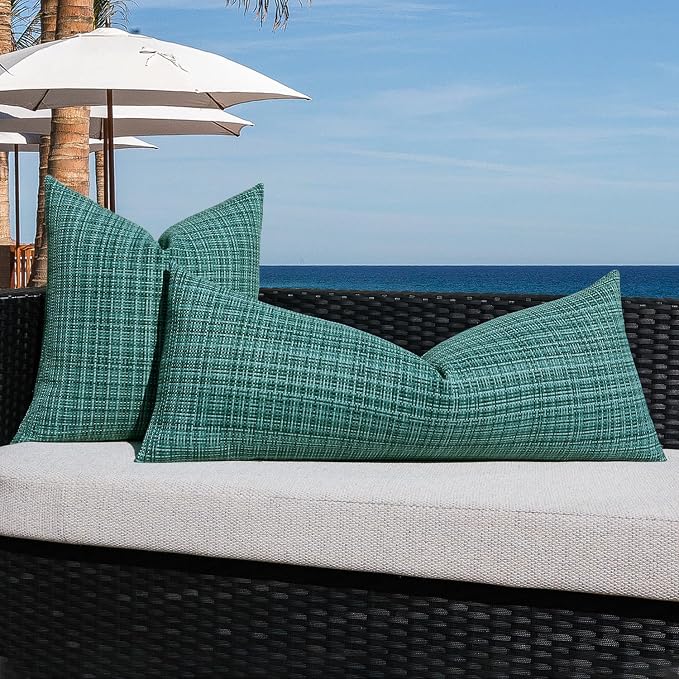 Kevin Textile Outdoor Waterproof 14"x36" Lumbar Pillow Cover 1 Pack, Teal | Water Resistant, Faux Linen Yarn-dyed, Woven Texture Throw Pillow Covers for Tent Patio Garden Couch Sofa