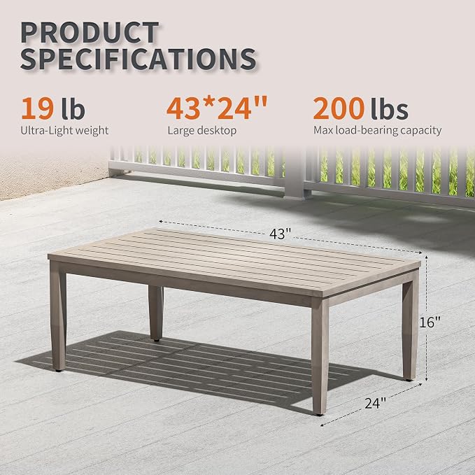 Outdoor Coffee Table, Never-Rust Aluminum Patio Coffee Table with Faux Wood Grain Finish, 24" x 43" Rectangle All-Weather Patio Table with Adjustable Feet for Balcony, Deck, Garden