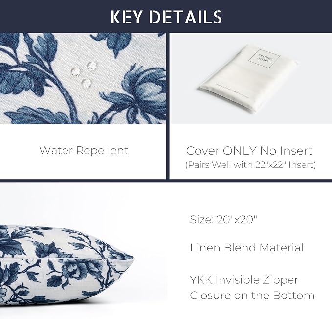 California Casual Coastal Indoor Outdoor Throw Pillow Cover, 20"x20" Water Repellent for Patio, Backyard, Couch, Poolside, Dark Navy Print Vintage Chinoiserie Floral
