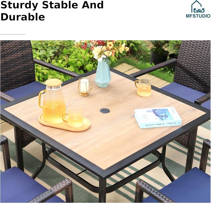 MFSTUDIO 5 Pieces Outdoor Dining Set, Patio Wood-Like Table & 4 Wicker Chairs with Cushions, Outdoor Rattan Dining Furniture, Patio Square Dining Table for 4, Deck, Backyard