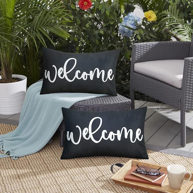 Merrycolor 2 Pack Black & White Outdoor Waterproof Modern Rectangular Throw Pillow Covers, 20" x 12", Welcome Letter Print, Living Room, Outdoor Activities
