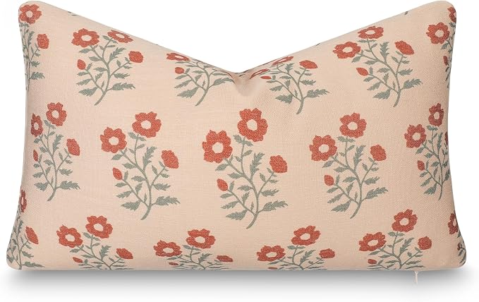Modern Farmhouse California Casual Indoor Outdoor Lumbar Pillow Cover, 12"x20" Water Repellent for Patio, Backyard, Couch, Poolside, Rust Orange Green Print Block Painting Flowers