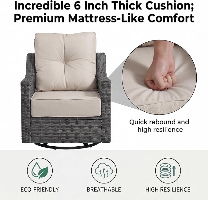 7 Piece Patio Furniture Set with 6" Thick Cushions, Weather-Resistant Wicker Swivel Rocker High Back Chairs and Fire Pit Table for Porch Yard Deck